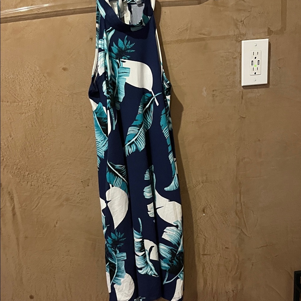 Small Navy Tropical Leaf Midi Dress New